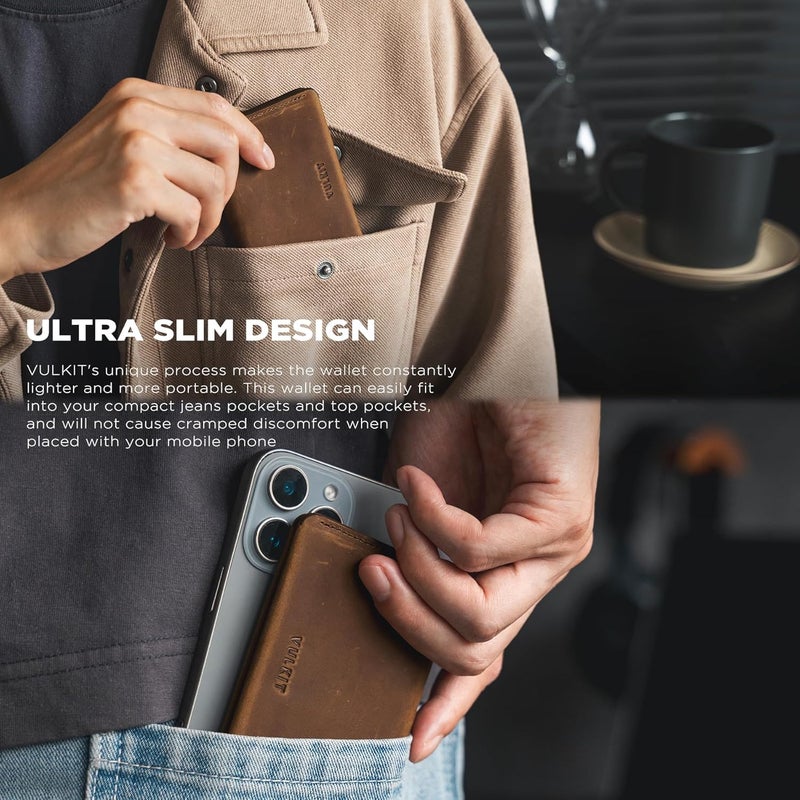 VULKIT حامل بطاقات رفيع وأنيق مع حماية RFID من الجلد، محفظة بطاقات ائتمان لحقيبة الجيب الأمامية، إغلاق مغناطيسي، نسخة مصنوعة يدويًا من جلد البقر - Image 2